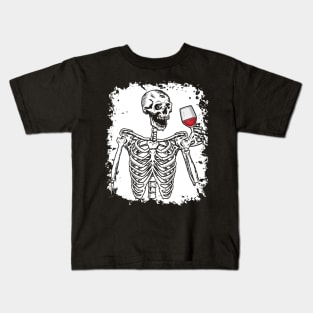 Halloween Shirt Wine Drinking Skeleton Skull Kids T-Shirt